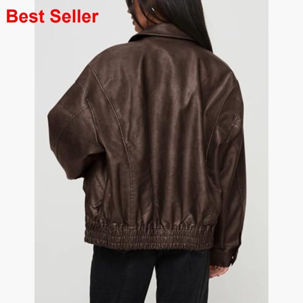 Faux Leather Motorcycle Jacket Oversized Zip Up Winter Coat Outerwear - Picture 2 of 7